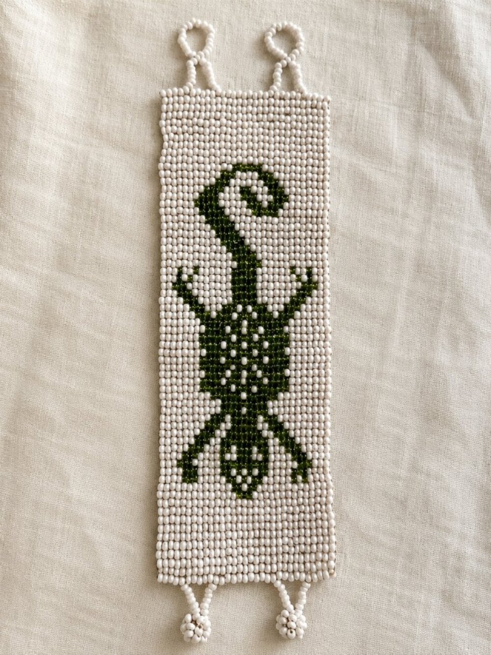 White Green Seed Bead Lizard Gecko Wide Cuff Bracelet